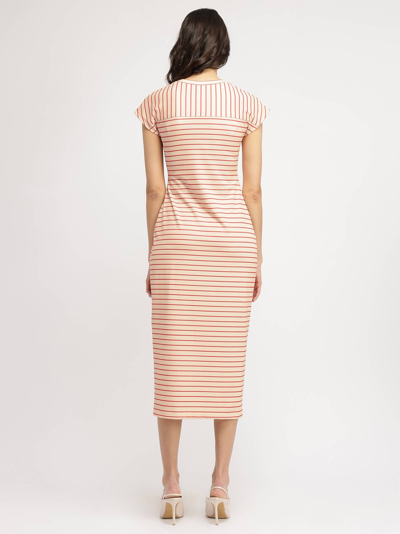 Striped Tie-Up Midi Dress - Cream