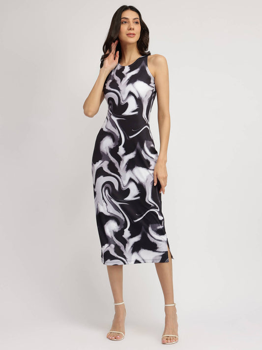 Marble Print Bodycon Dress - Black