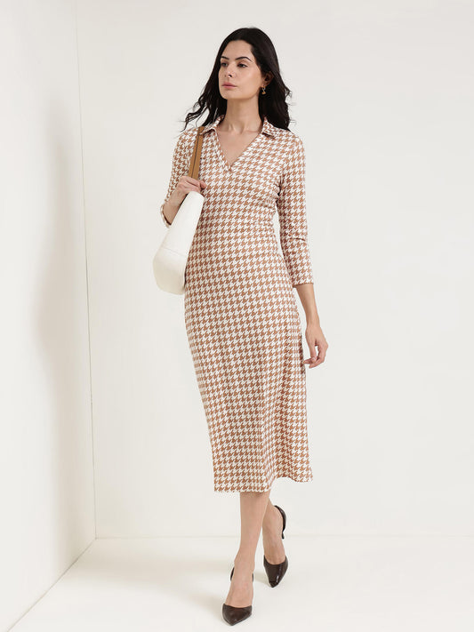 Collared Houndstooth Sheath Dress - Off White