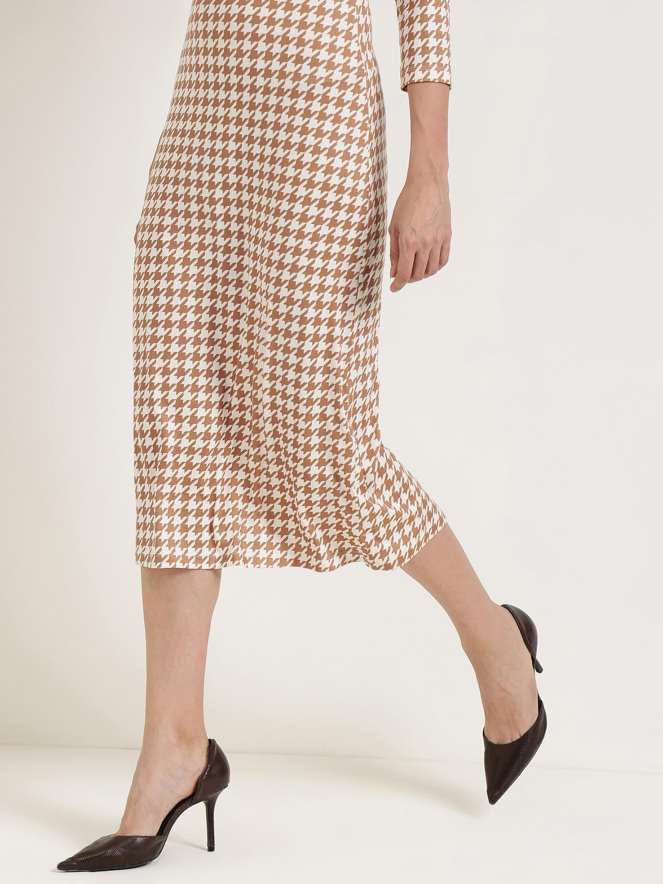 Collared Houndstooth Sheath Dress - Off White