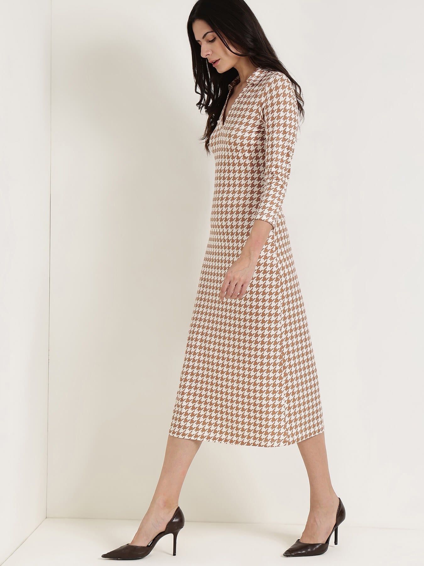 Collared Houndstooth Sheath Dress - Off White