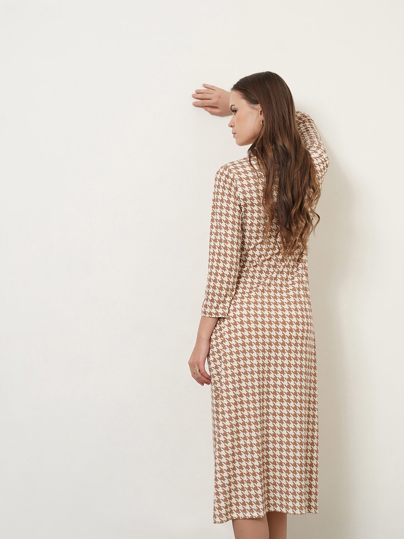 Collared Houndstooth Sheath Dress - Off White