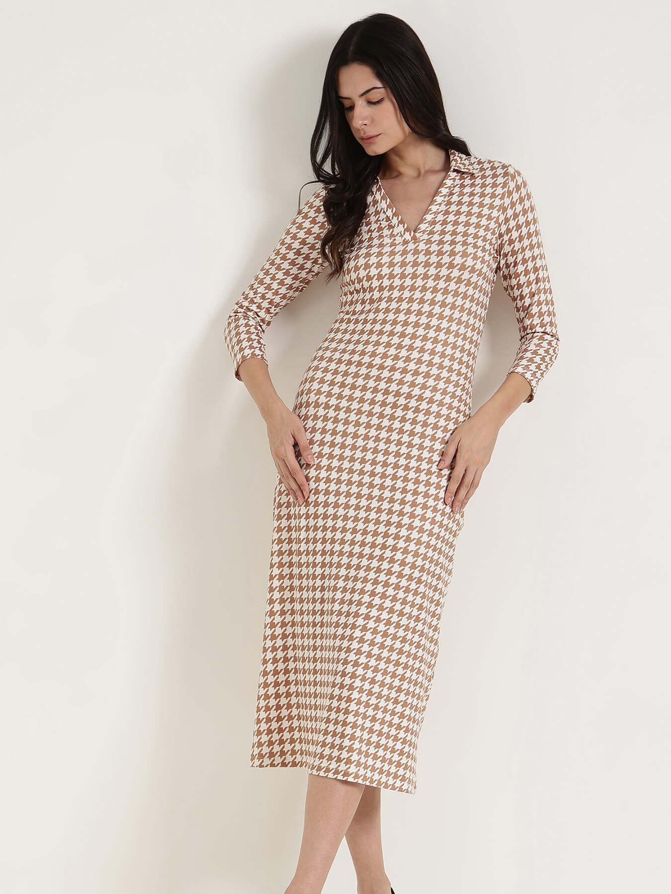 Collared Houndstooth Sheath Dress - Off White