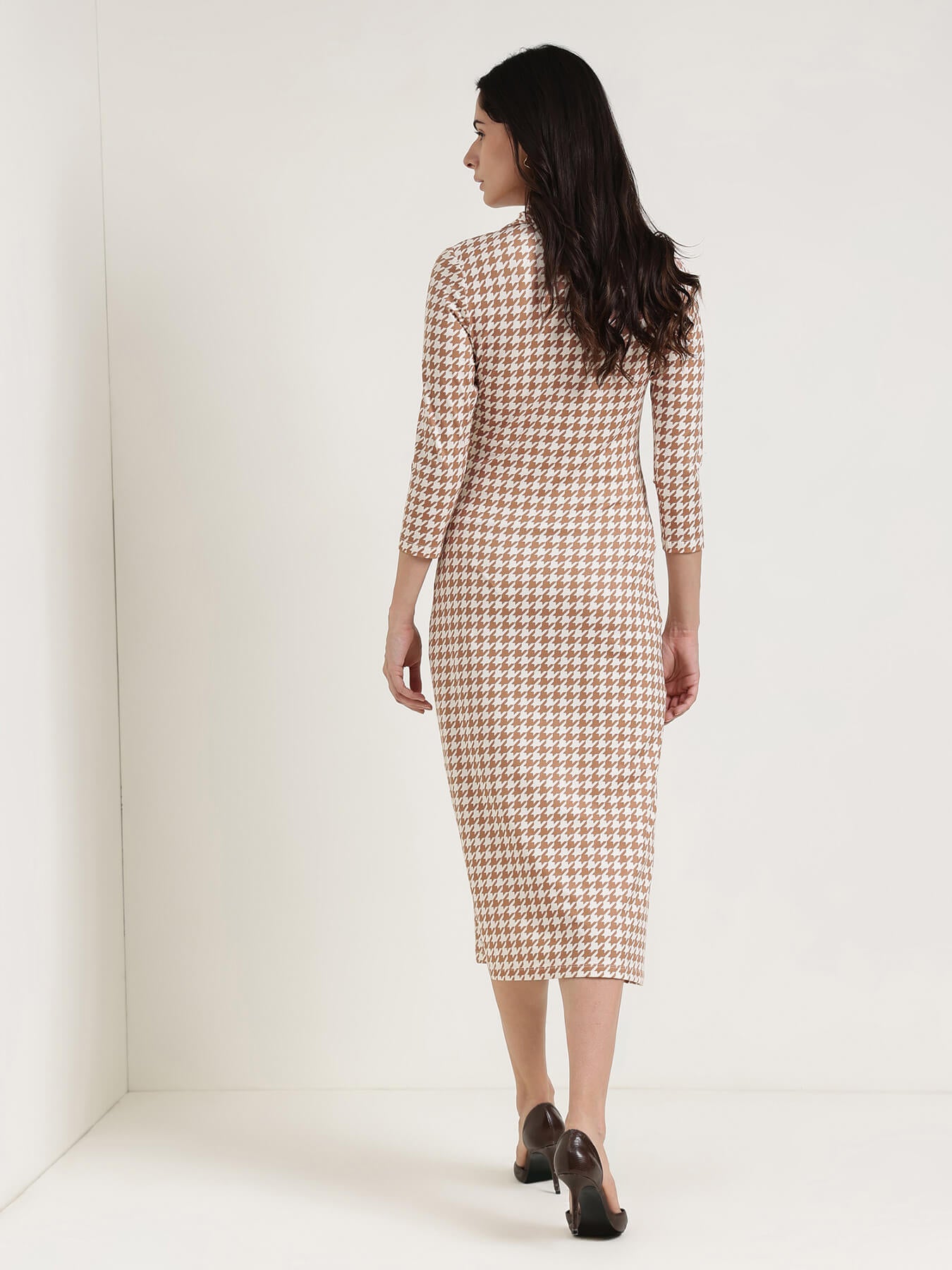 Collared Houndstooth Sheath Dress - Off White