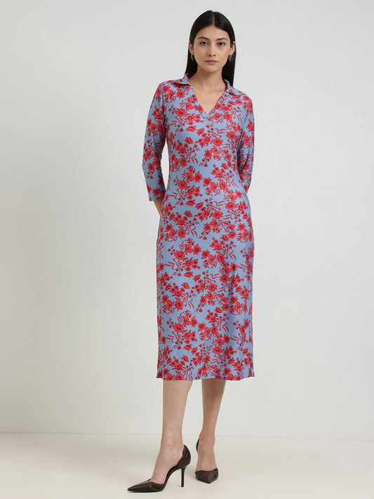 Floral Sheath Midi Dress - Blue