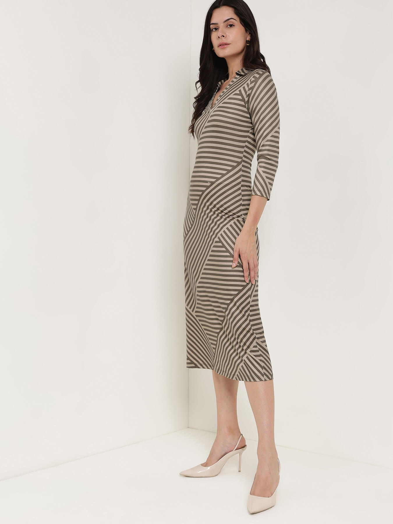 Collared Striped Sheath Dress - Olive