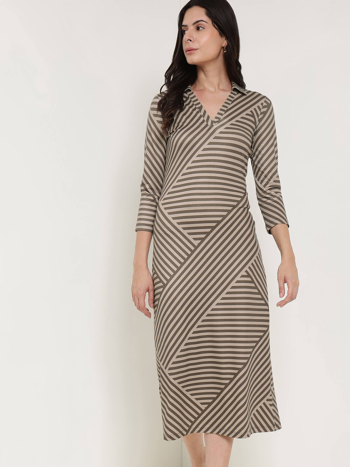 Collared Striped Sheath Dress - Olive