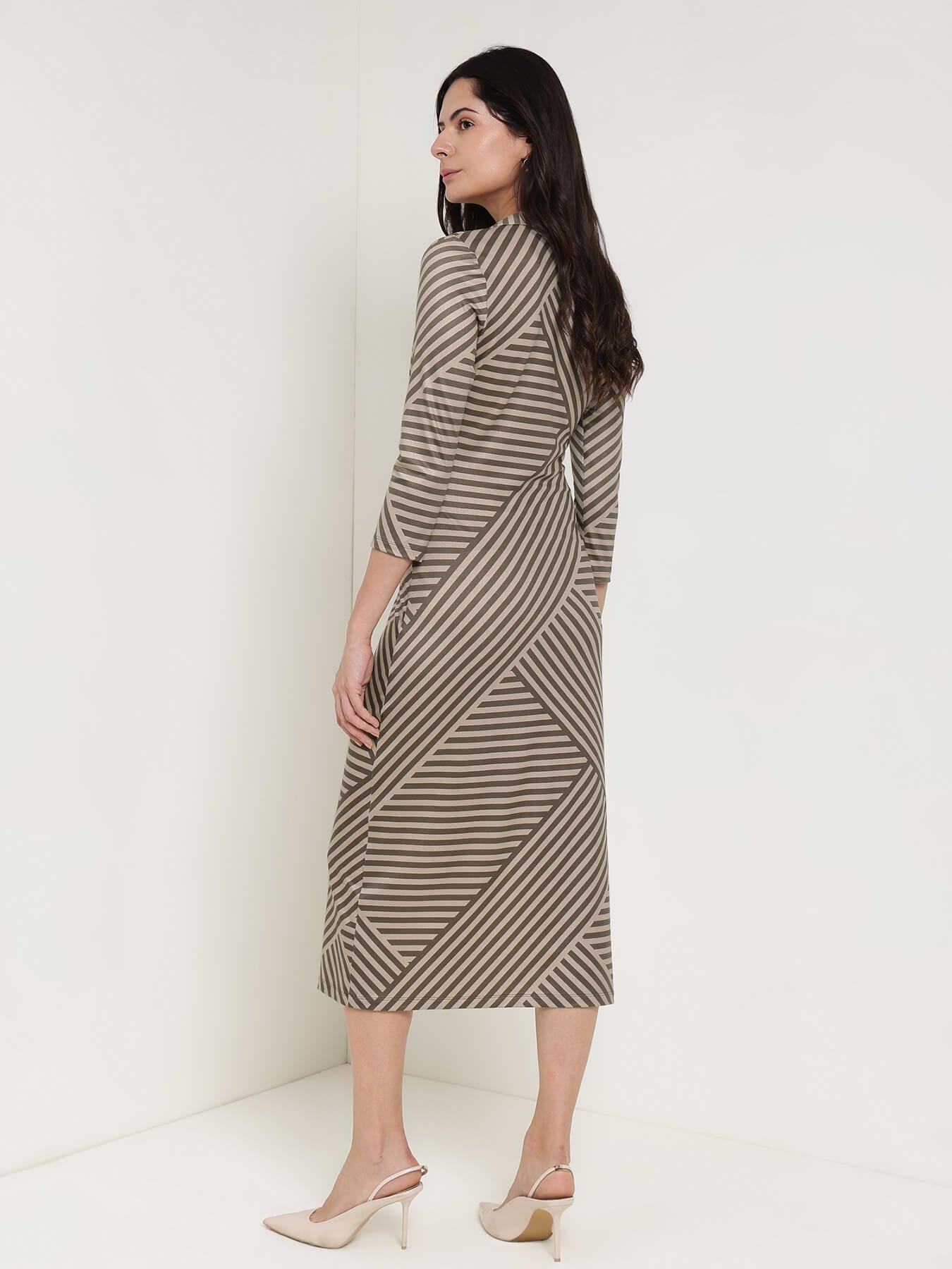 Collared Striped Sheath Dress - Olive