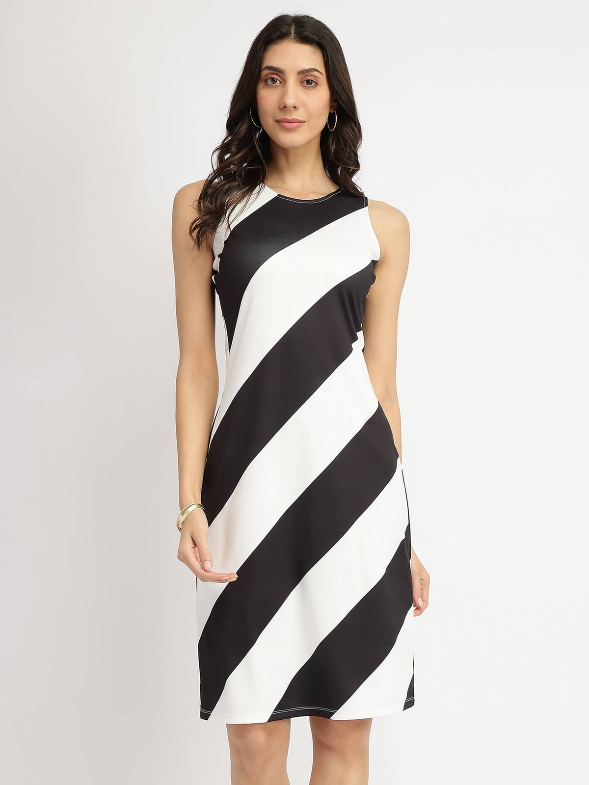 Striped Knit Shift Dress - Black and White