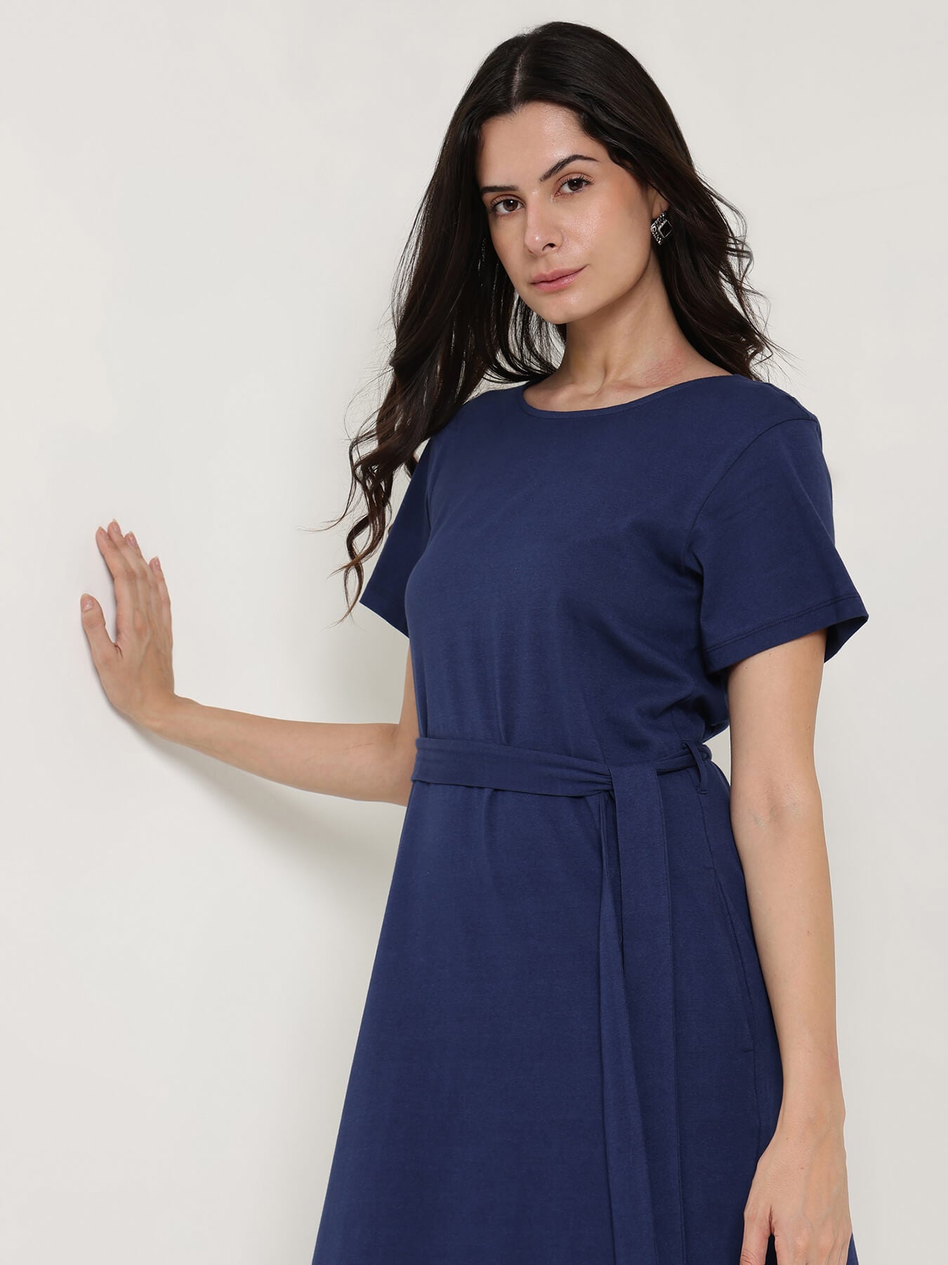 Round Neck A-Line Dress - Navy Blue