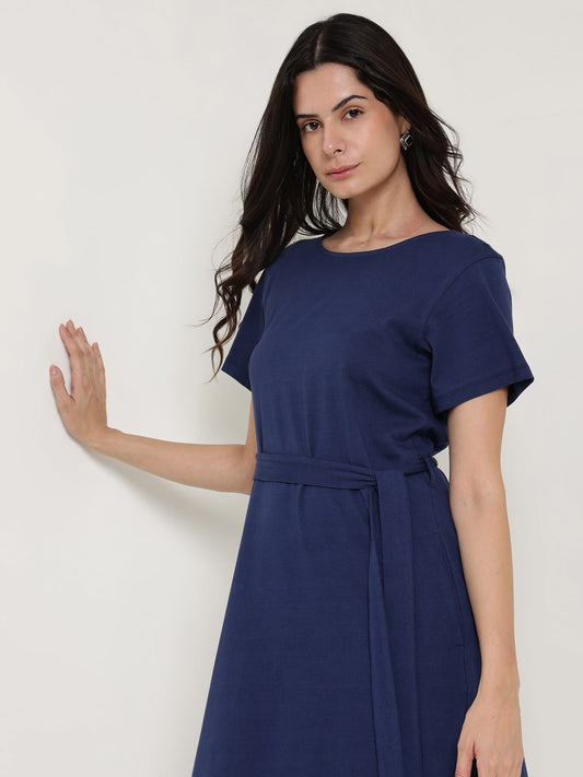 Round Neck A-Line Dress - Navy Blue