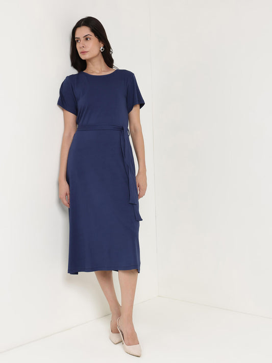 Round Neck A-Line Dress - Navy Blue