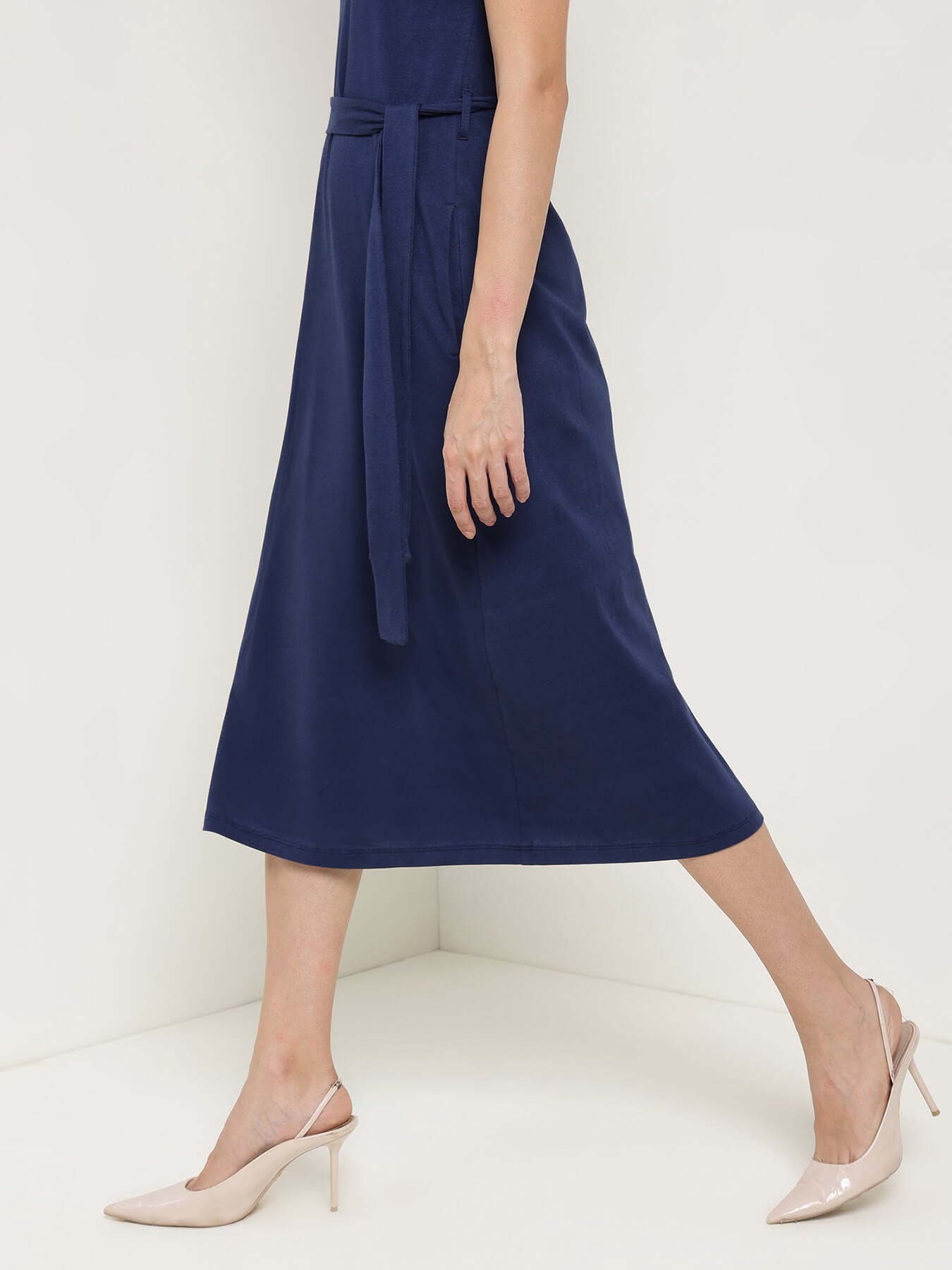 Round Neck A-Line Dress - Navy Blue