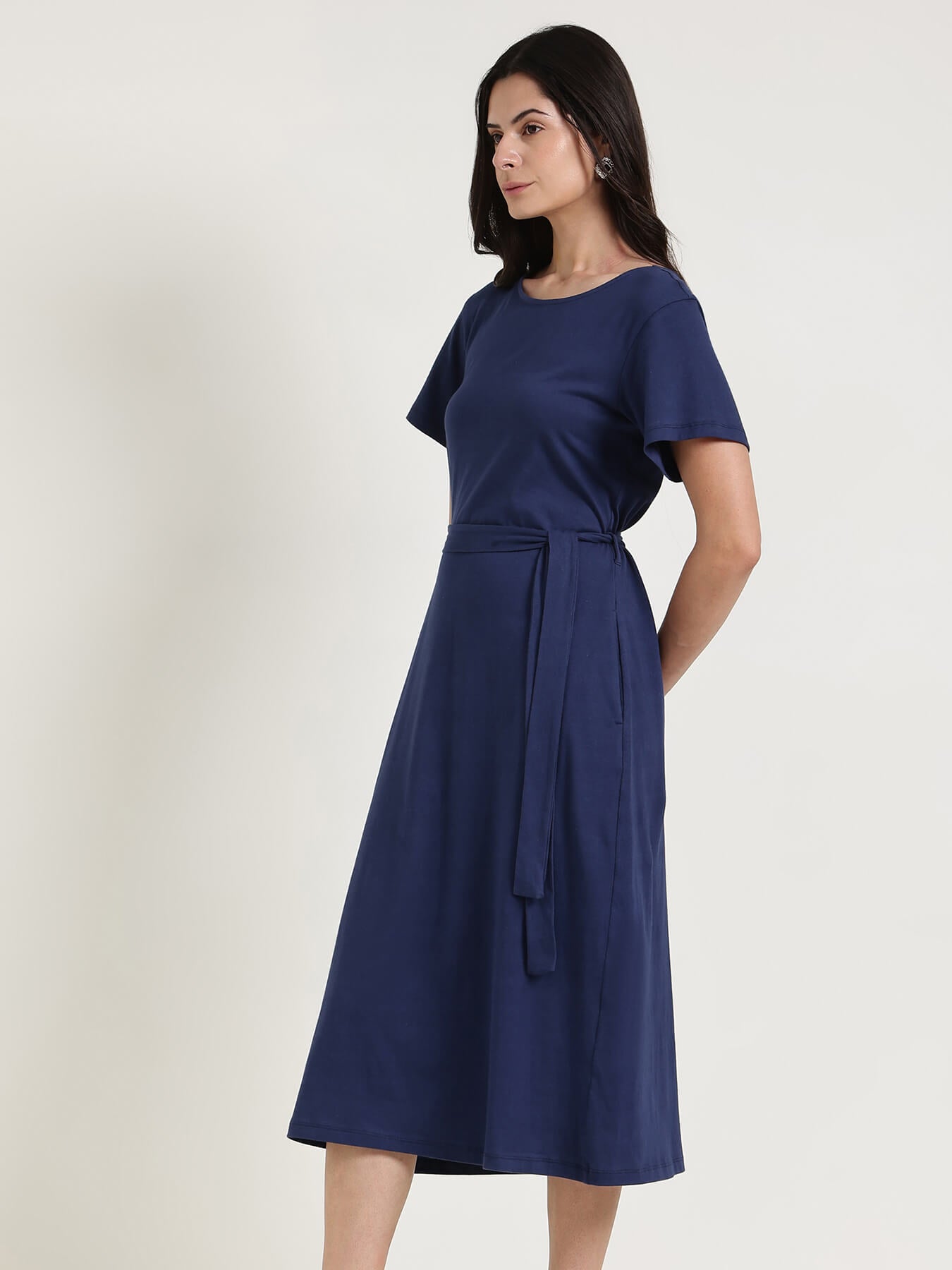 Round Neck A-Line Dress - Navy Blue