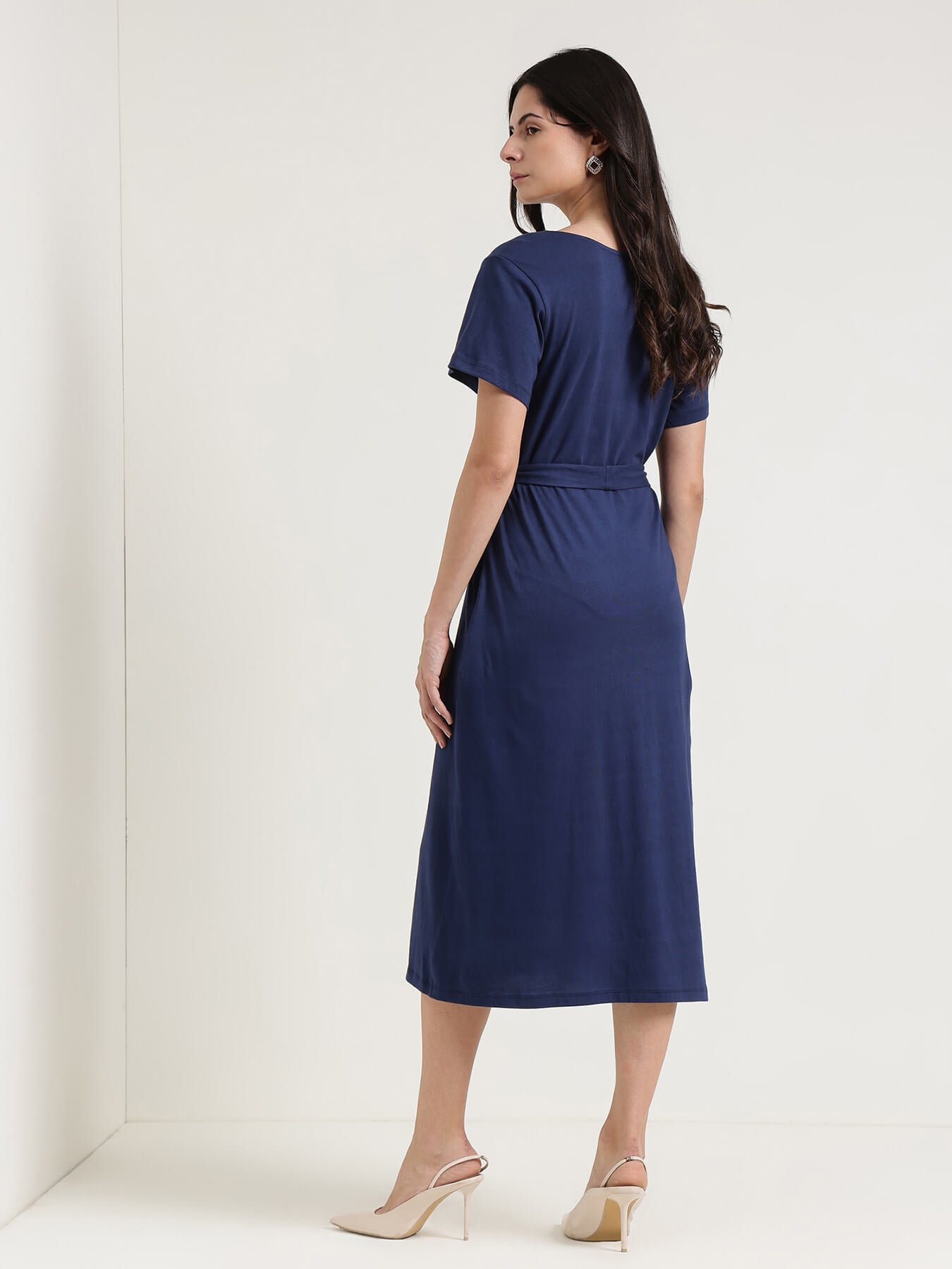 Round Neck A-Line Dress - Navy Blue