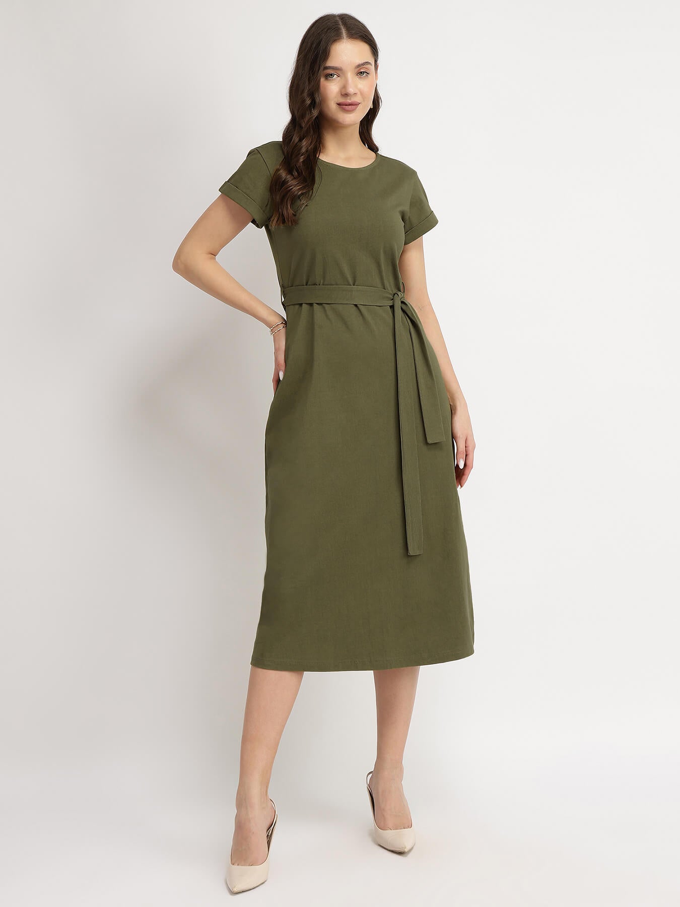 Cotton Knit A-Line Dress - Olive