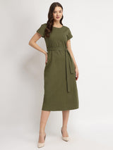 Cotton Knit A-Line Dress - Olive