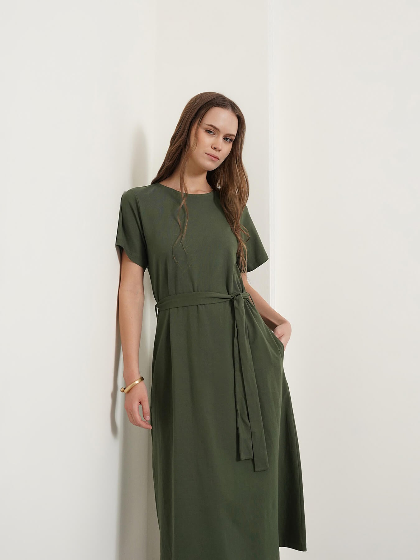 Cotton Knit A-Line Dress - Olive