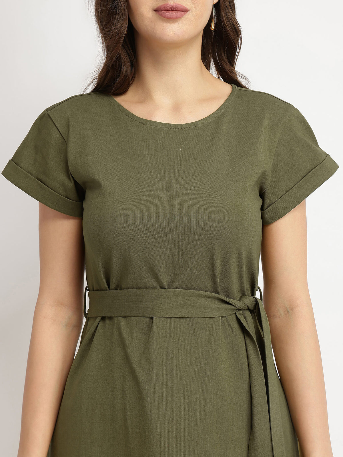 Cotton Knit A-Line Dress - Olive
