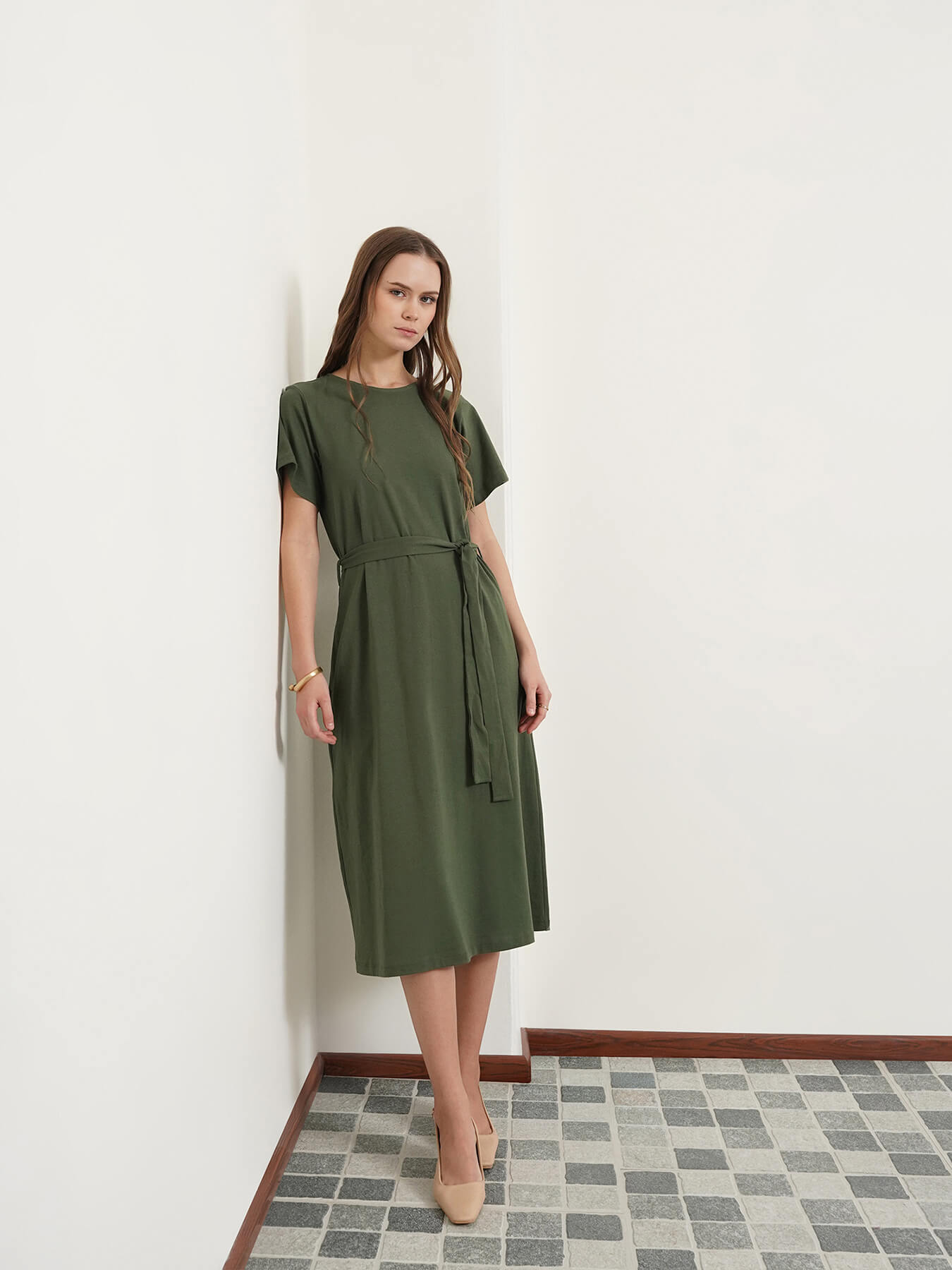 Cotton Knit A-Line Dress - Olive