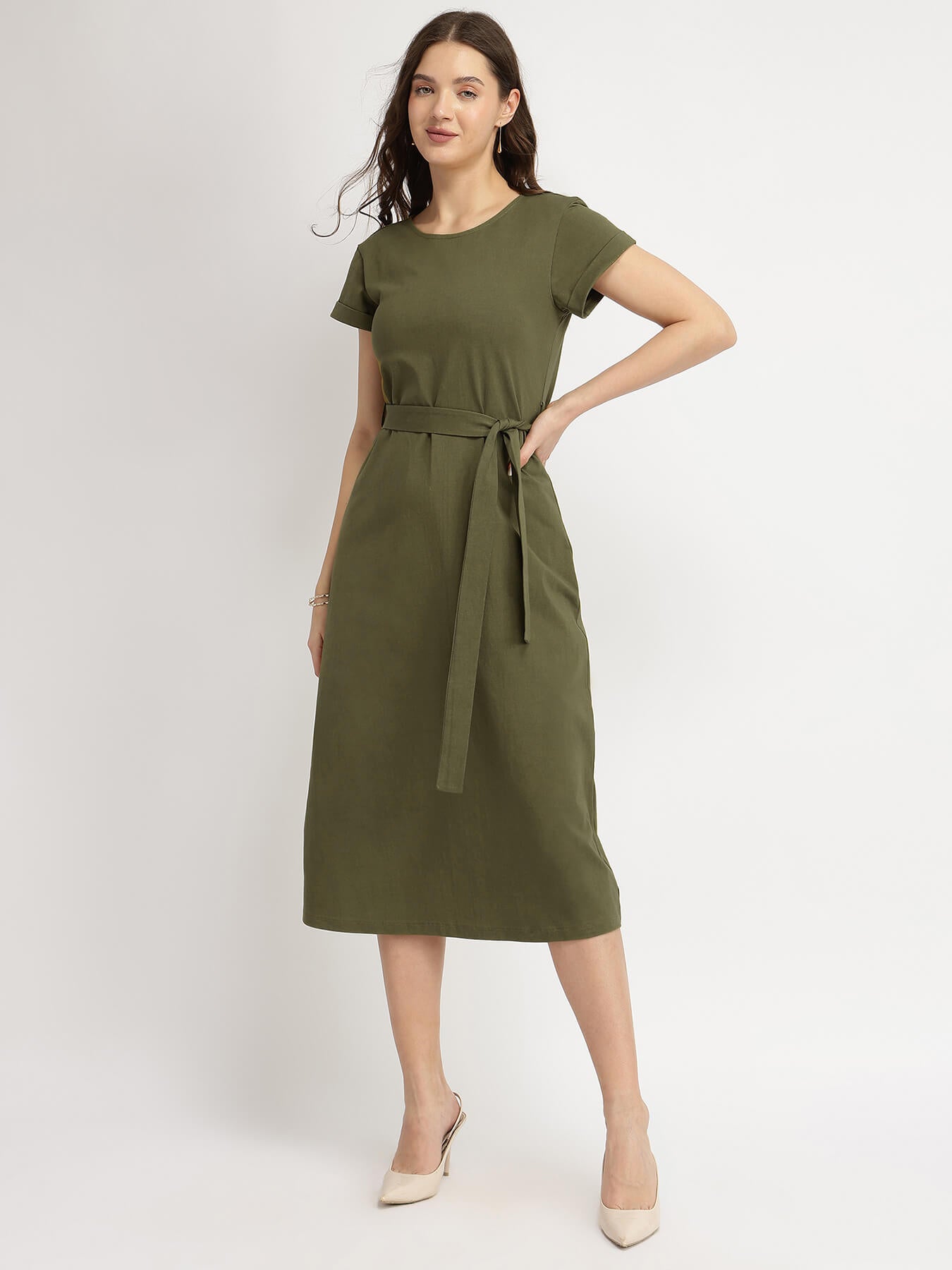 Cotton Knit A-Line Dress - Olive