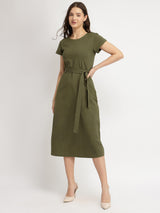 Cotton Knit A-Line Dress - Olive