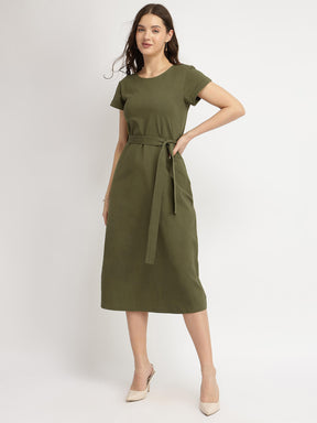 Cotton Knit A-Line Dress - Olive