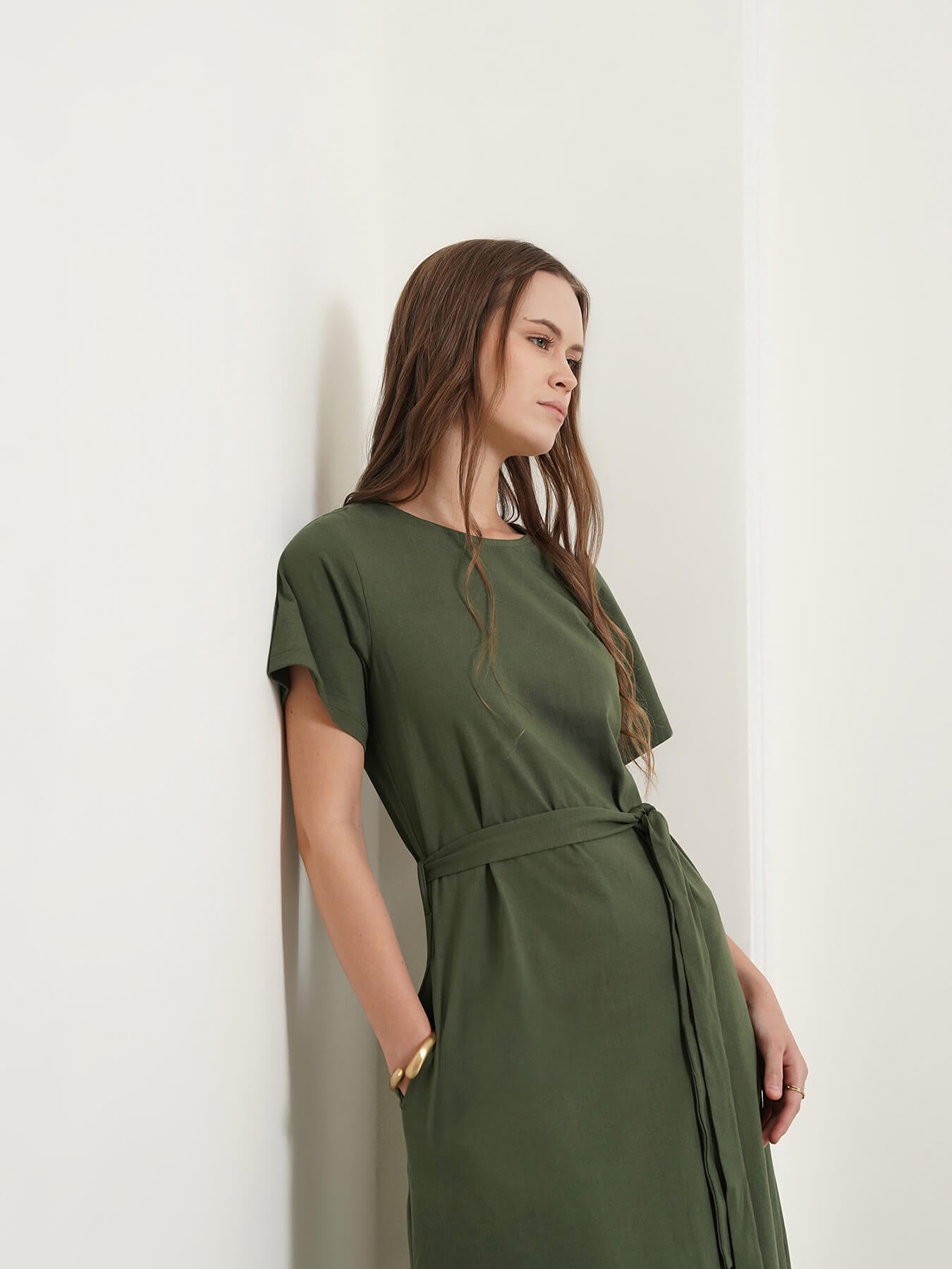 Cotton Knit A-Line Dress - Olive
