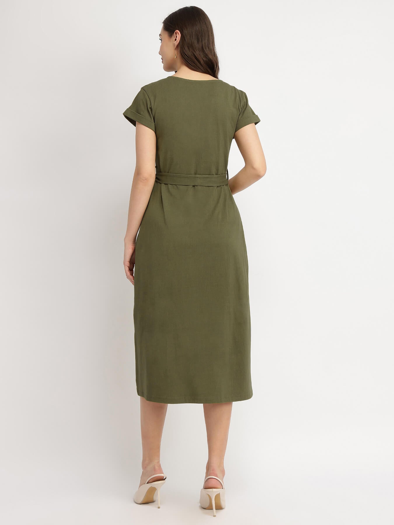 Cotton Knit A-Line Dress - Olive