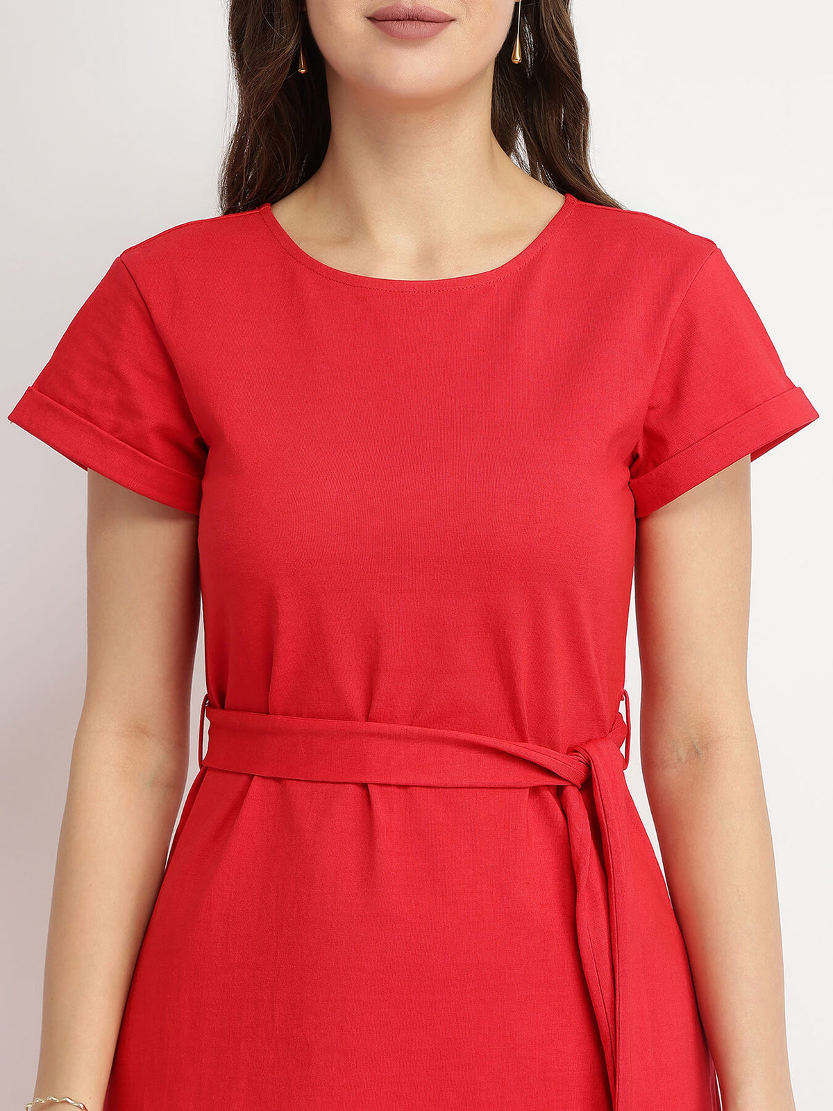 Cotton Knit A-Line Dress - Red
