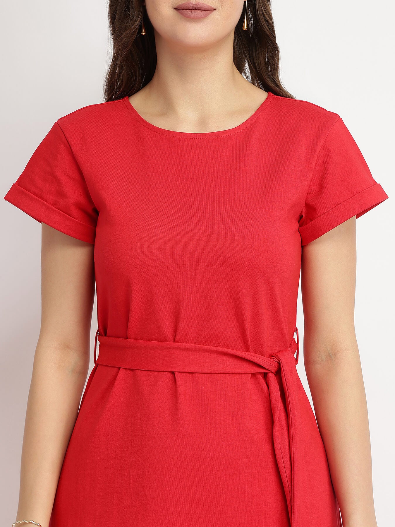 Cotton Knit A-Line Dress - Red