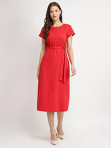 Cotton Knit A-Line Dress - Red