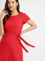 Cotton Knit A-Line Dress - Red