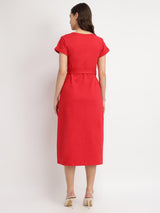 Cotton Knit A-Line Dress - Red