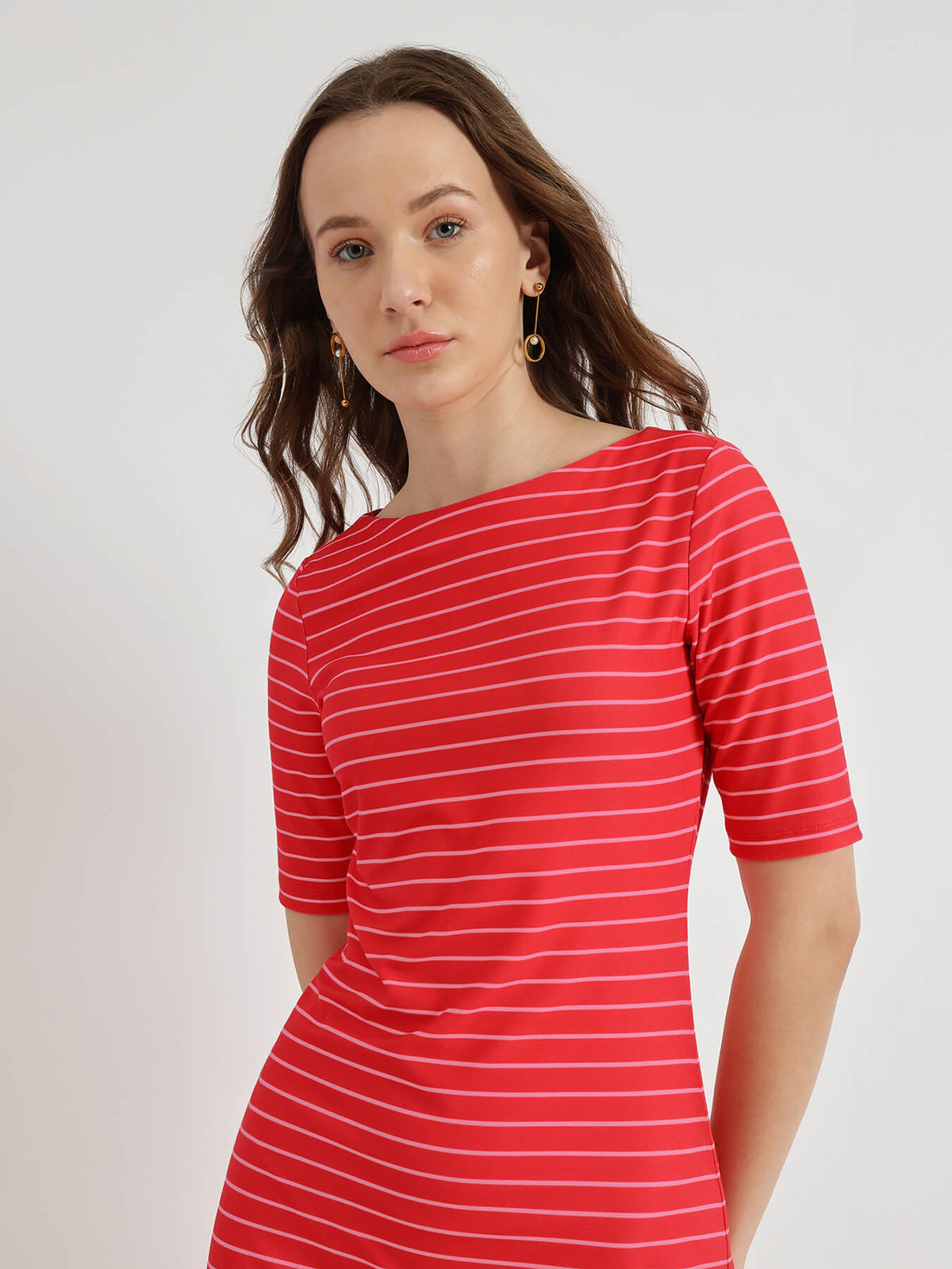 Striped Fitted Dress - Red