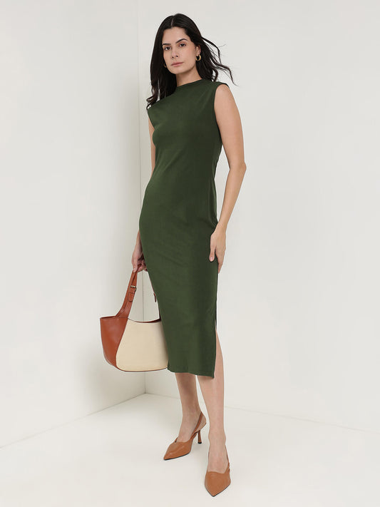 High Neck Bodycon Dress - Olive