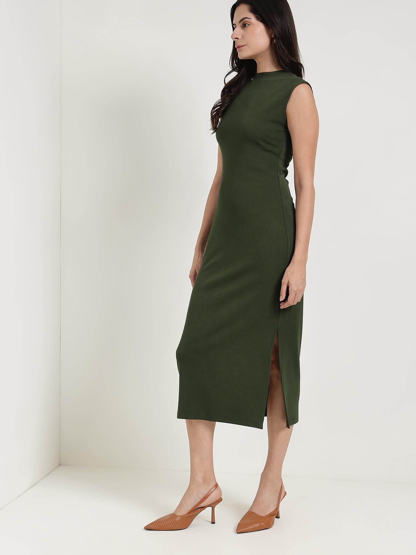 High Neck Bodycon Dress - Olive
