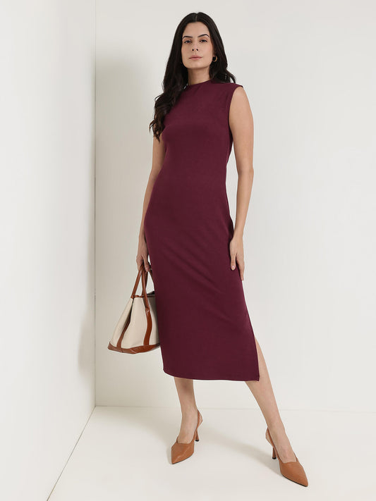 High Neck Bodycon Dress - Wine