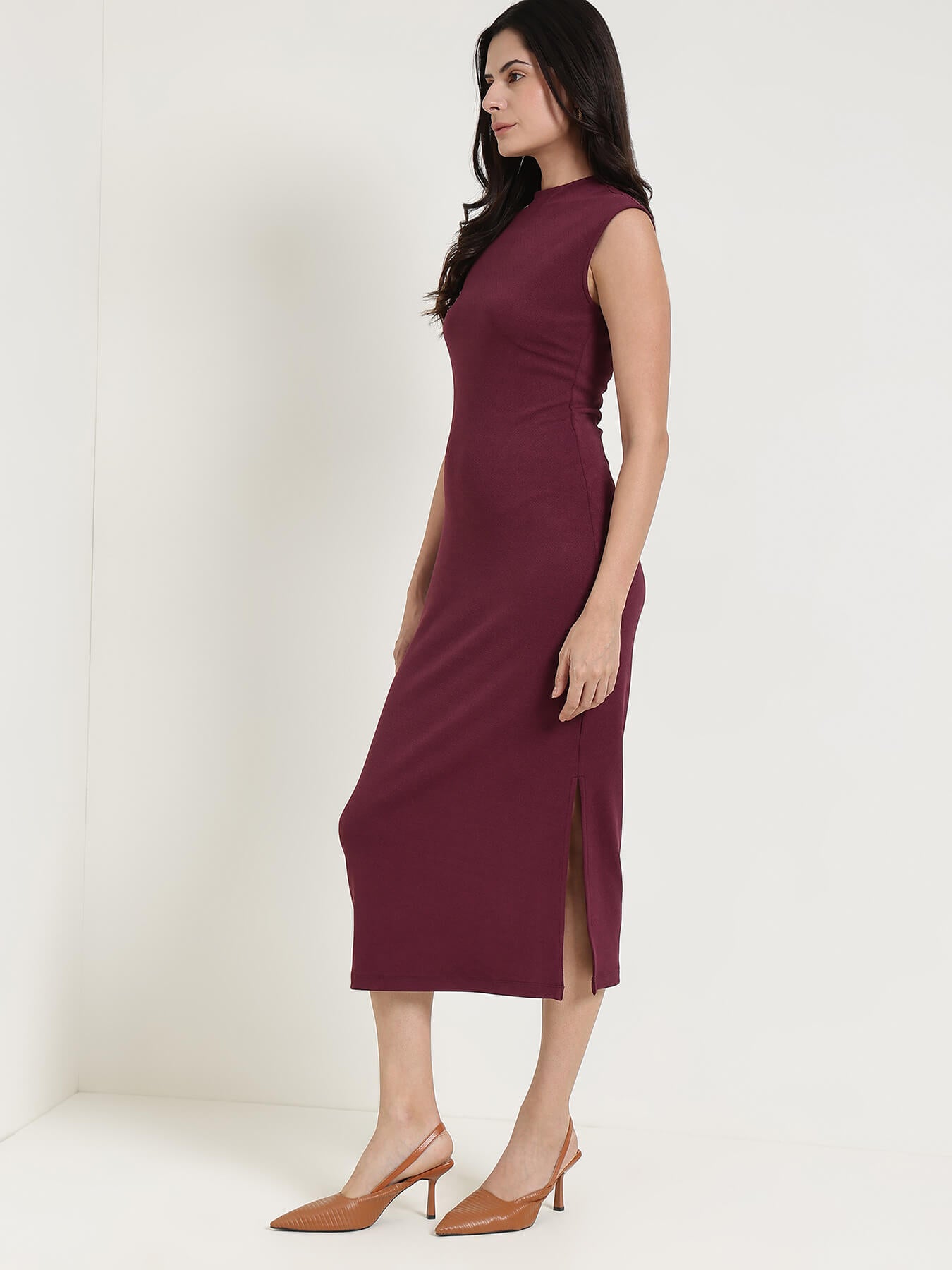 High Neck Bodycon Dress - Wine