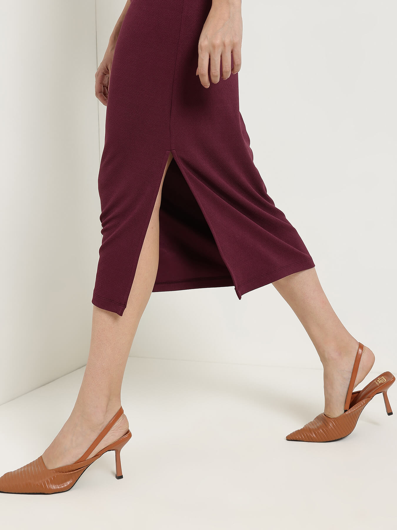 High Neck Bodycon Dress - Wine