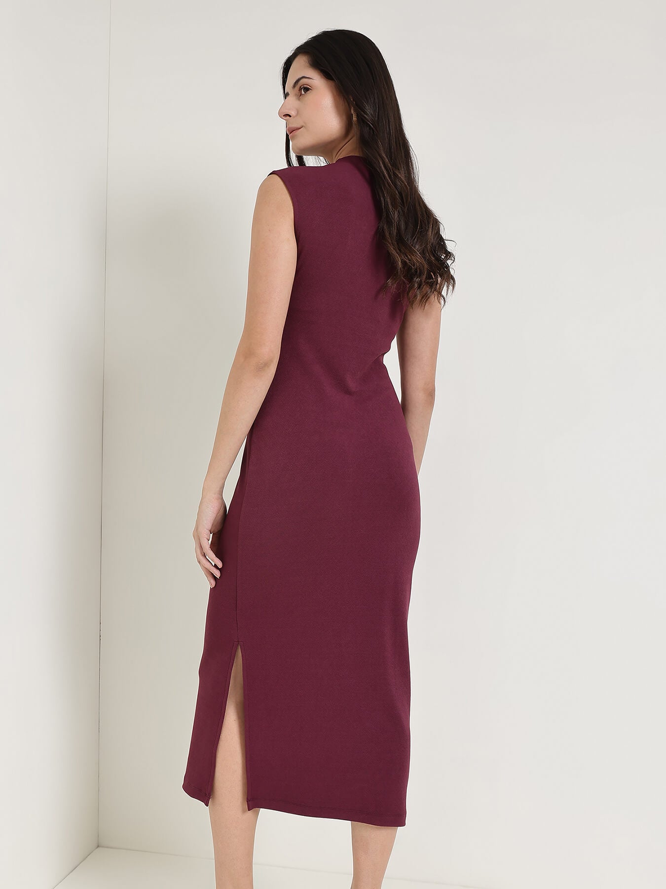 High Neck Bodycon Dress - Wine
