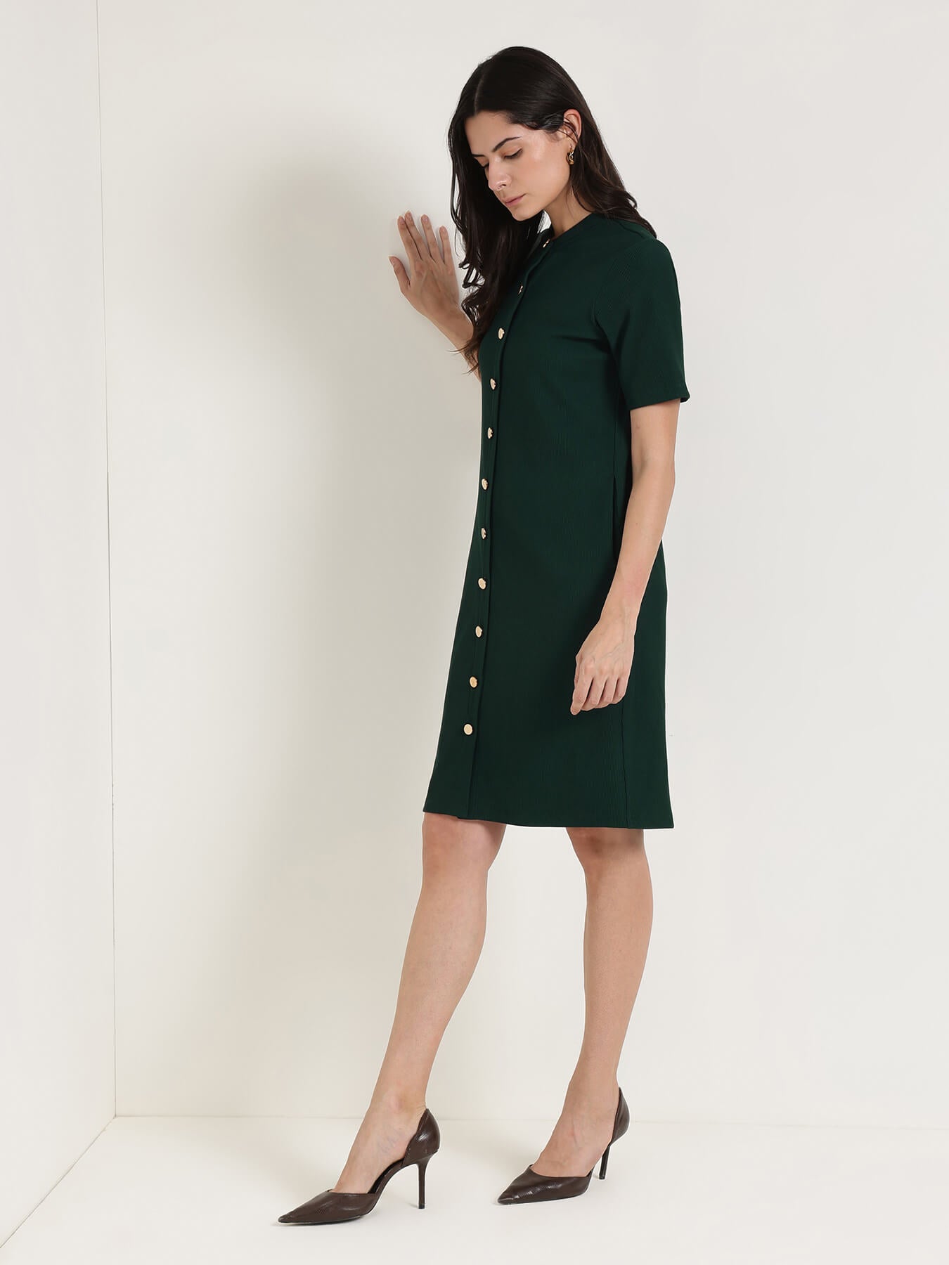 Round Neck Shift Dress - Green