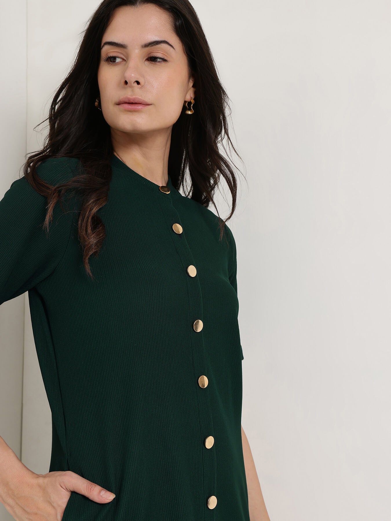 Round Neck Shift Dress - Green