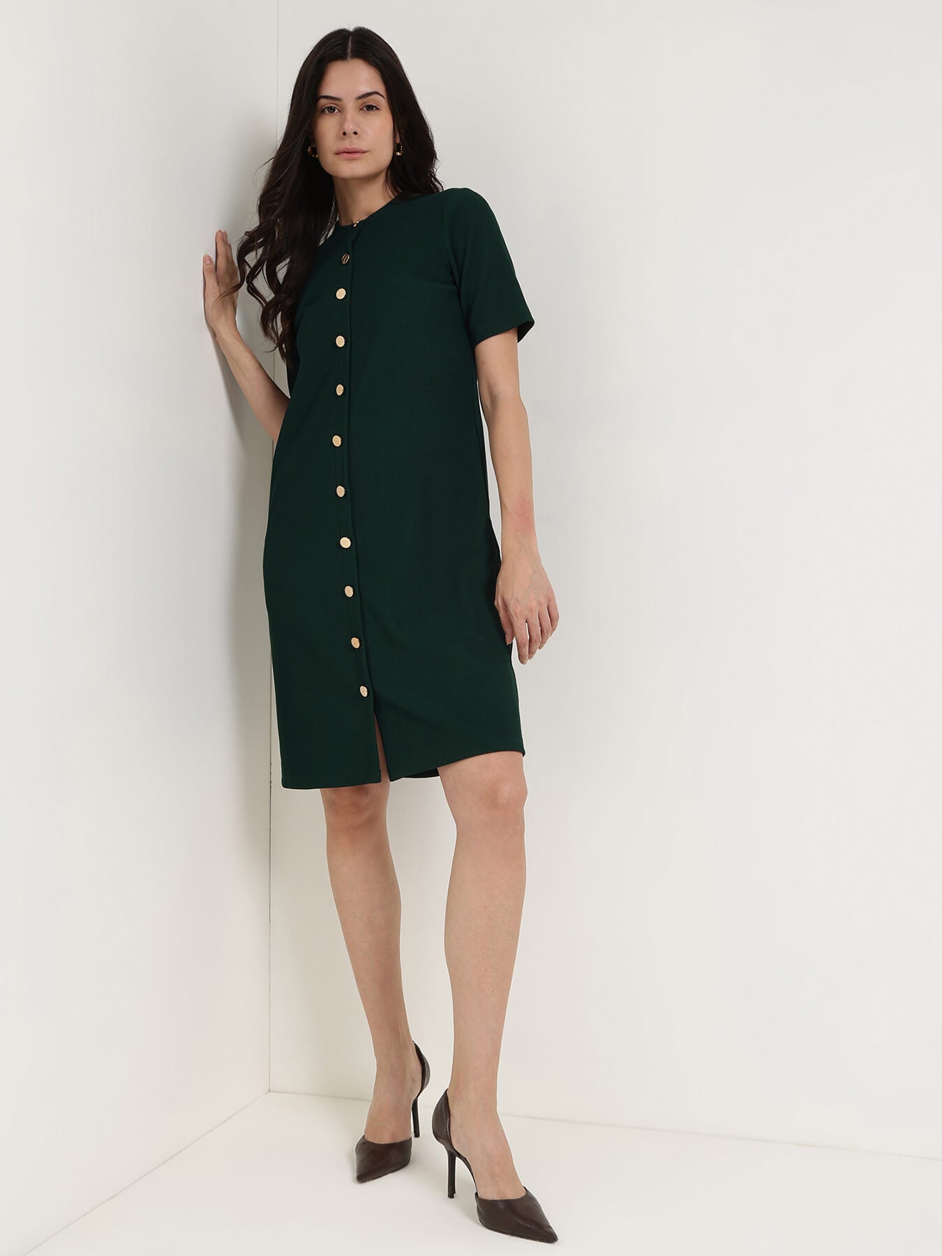 Round Neck Shift Dress - Green