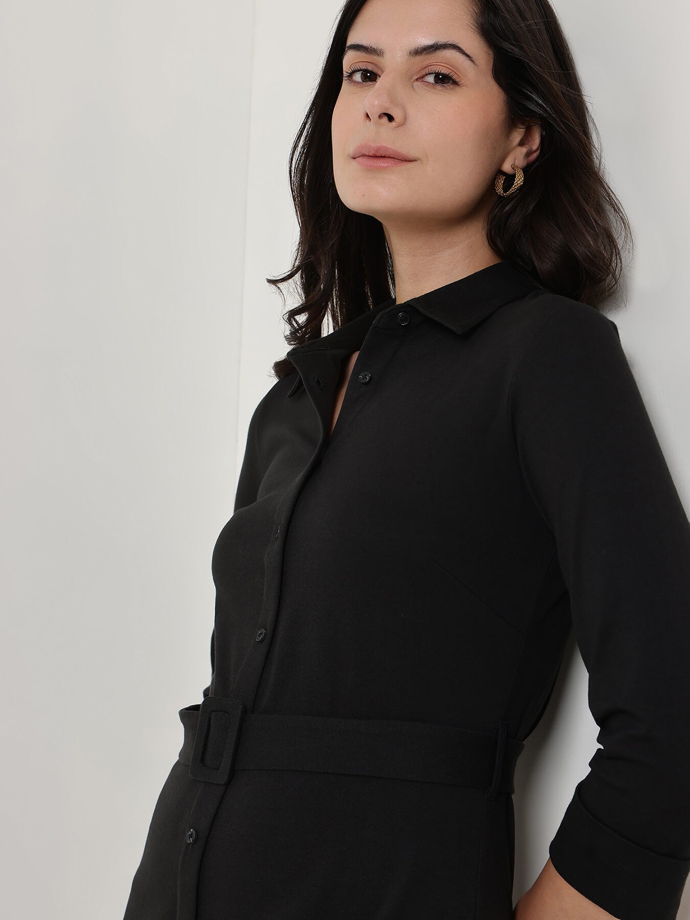 Cotton Shirt Dress - Black