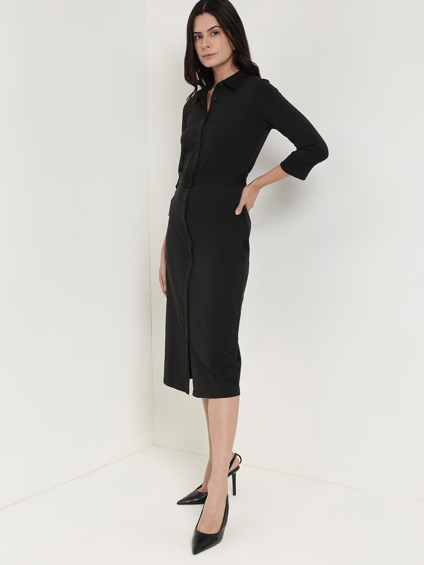 Cotton Shirt Dress - Black