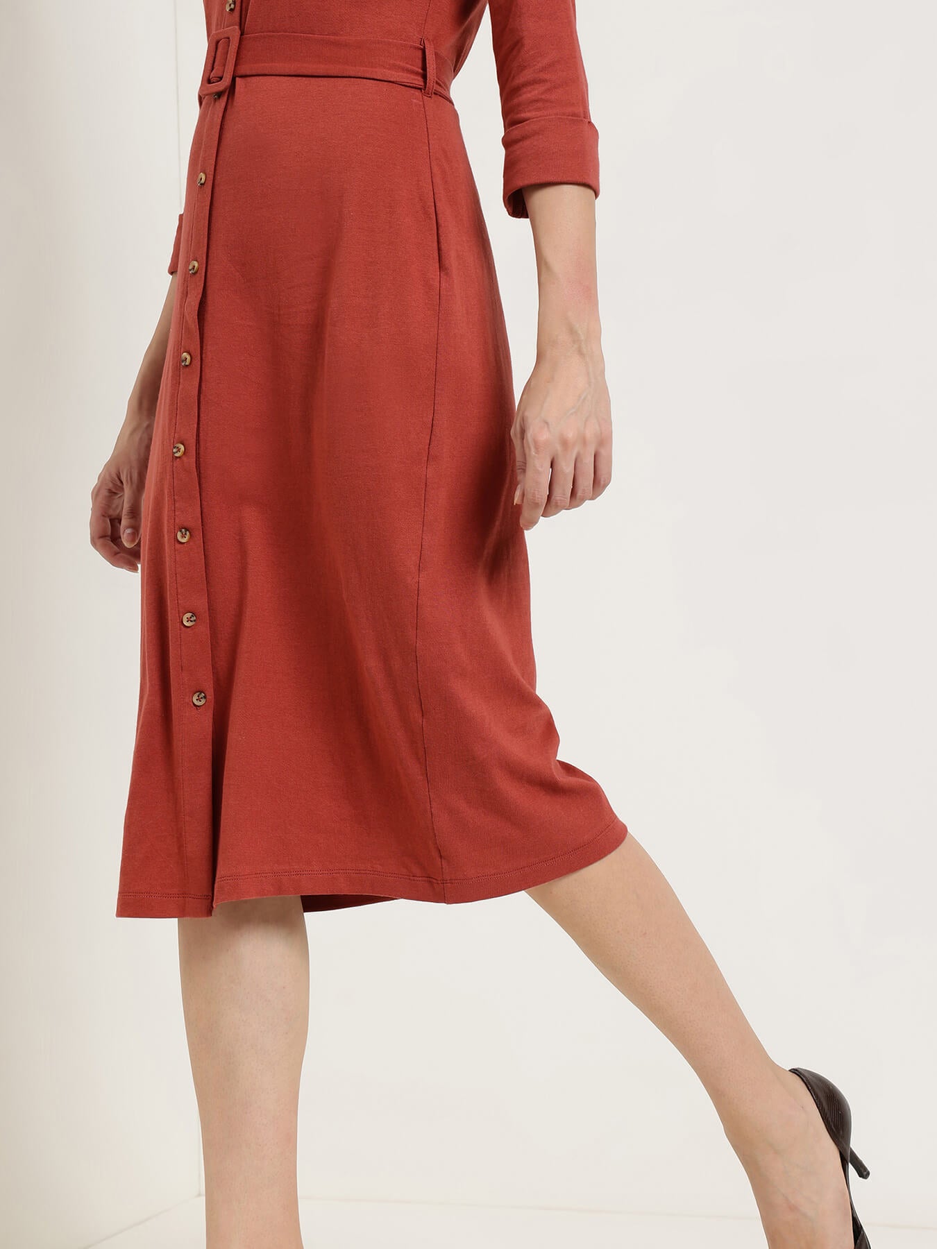 Cotton Shirt Dress - Rust
