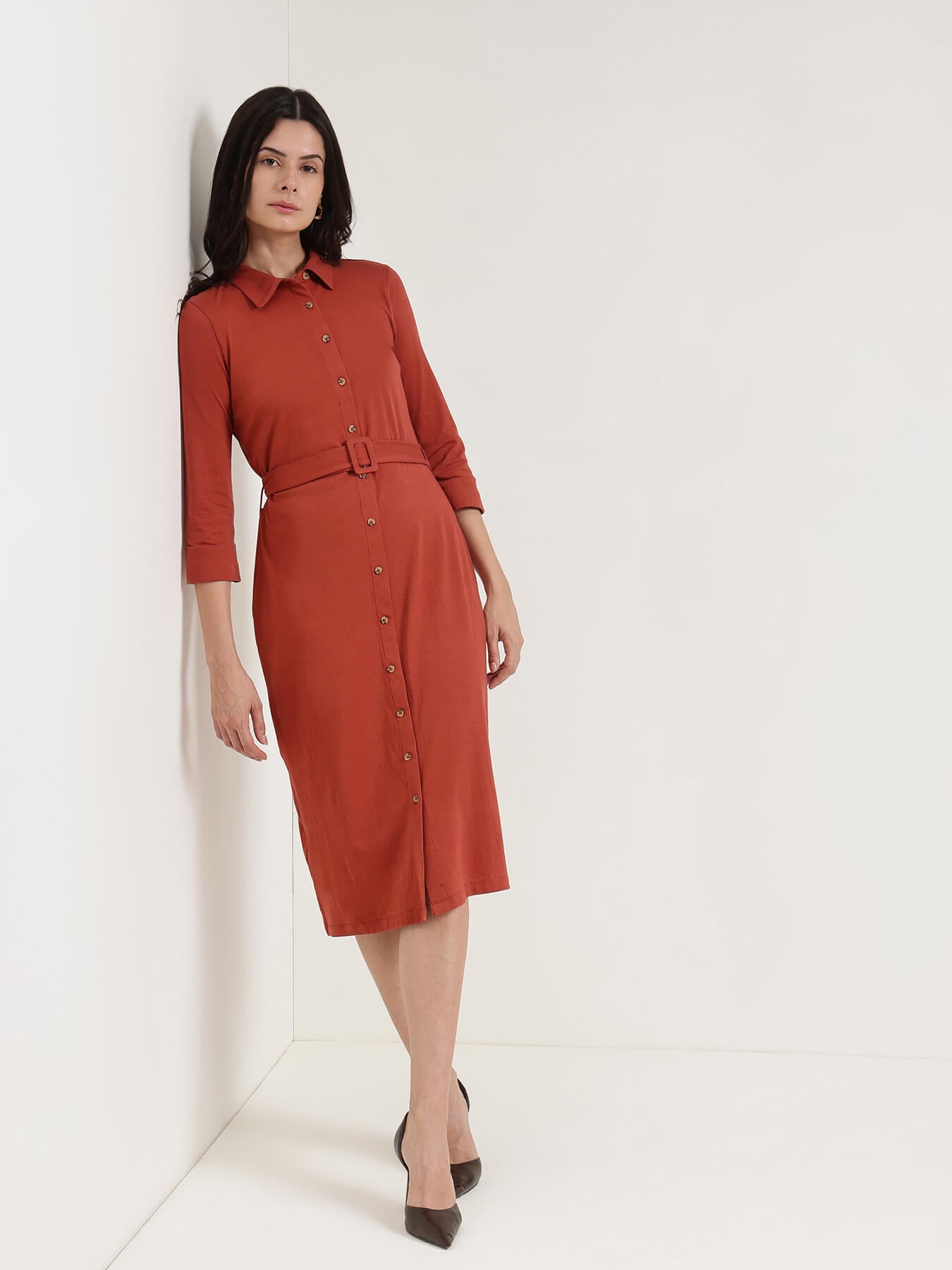 Cotton Shirt Dress - Rust