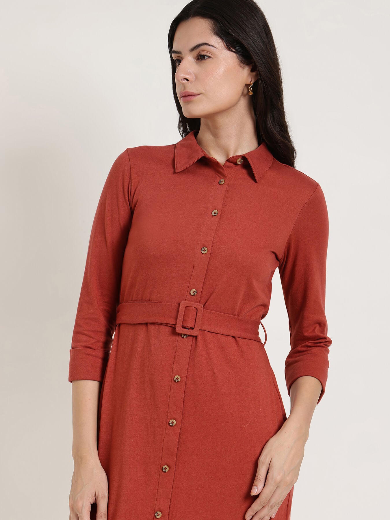 Cotton Shirt Dress - Rust
