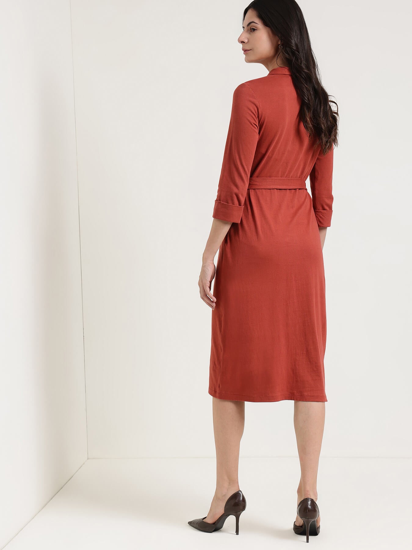 Cotton Shirt Dress - Rust